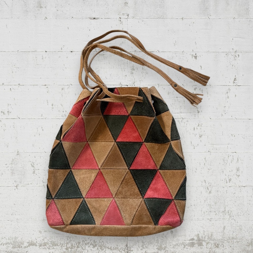 Leather Patchwork Triangle Tote Pouch Multicolor Bag Purse 12"x12" Boho